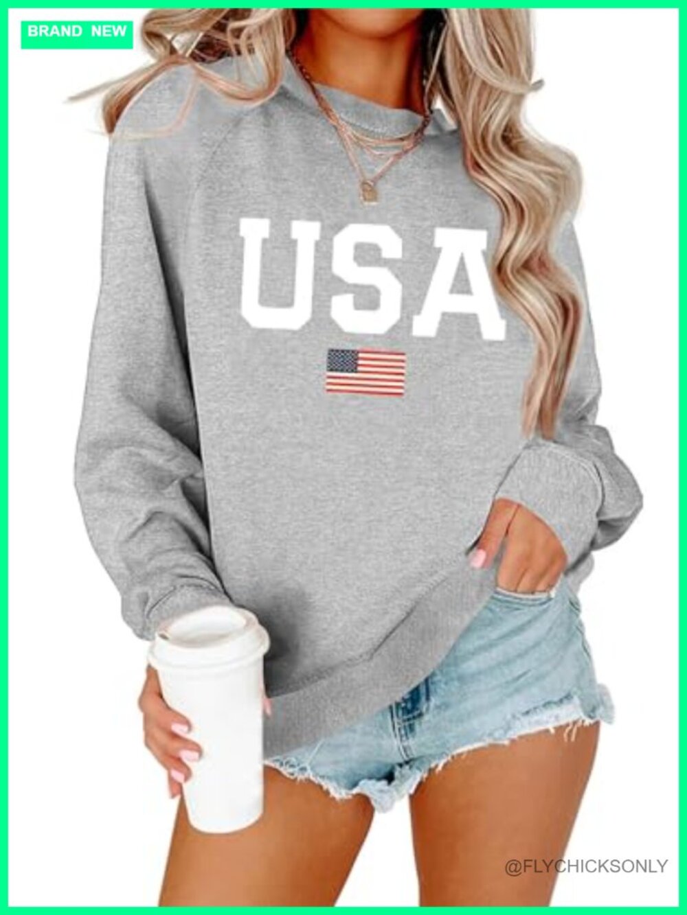 Womens USA Flag Crewneck Sweatshirt Loose Fit Long Sleeve Pullover